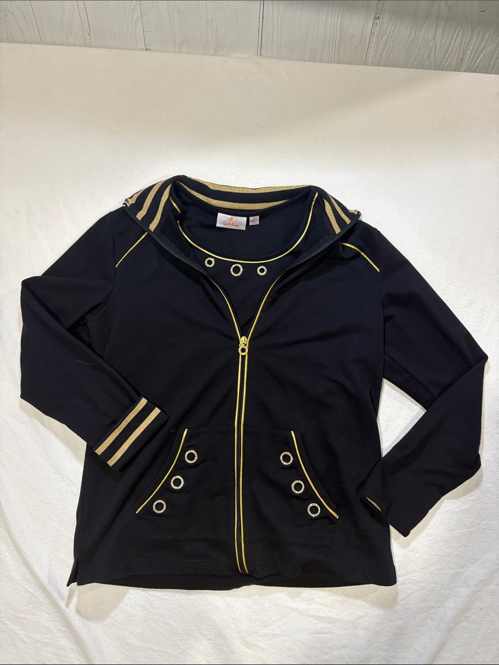 Quacker Factory Black Gold Rhinestone Grommet Zip Up Jacket & Tank Set - Size M